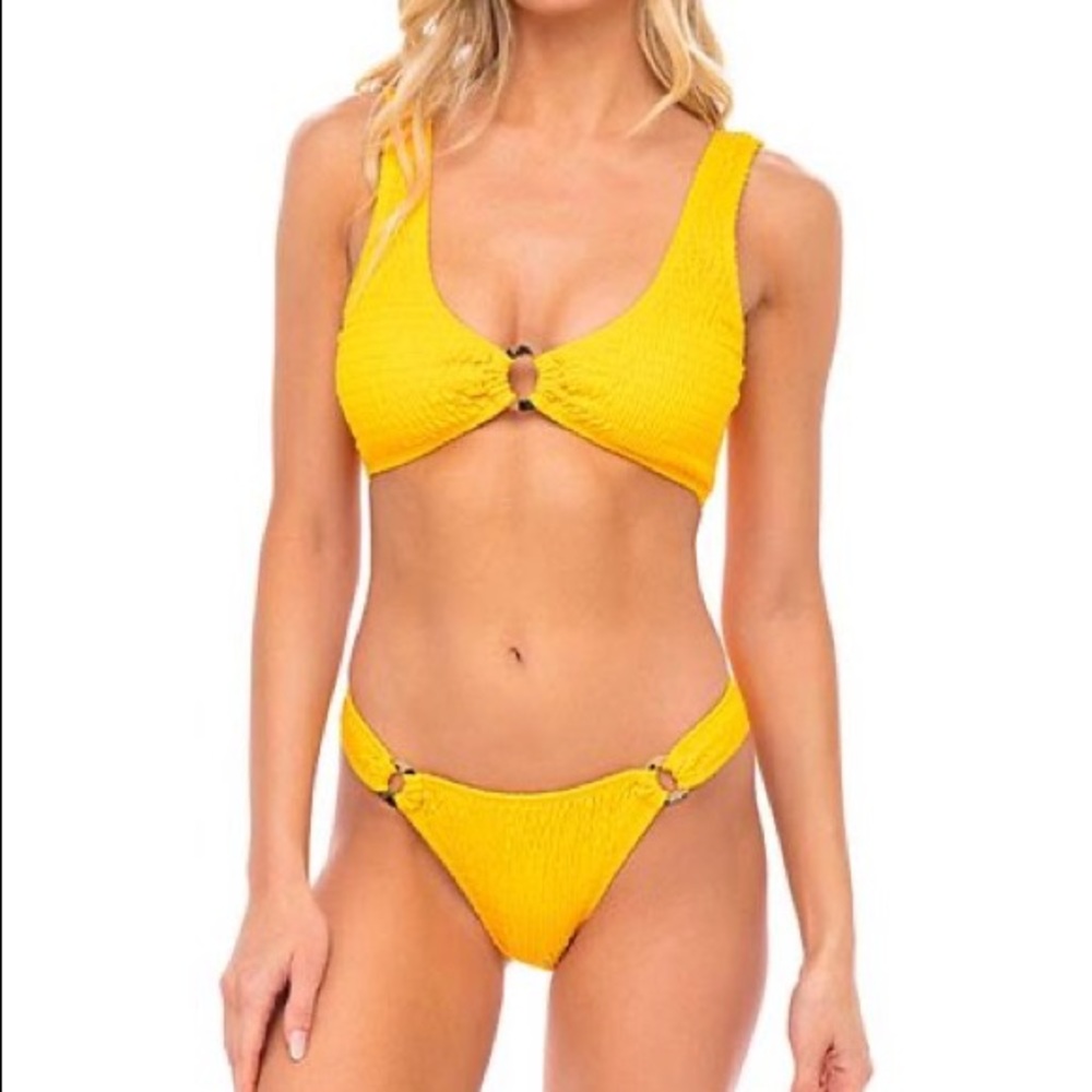 Yellow smocked o-ring bikini
